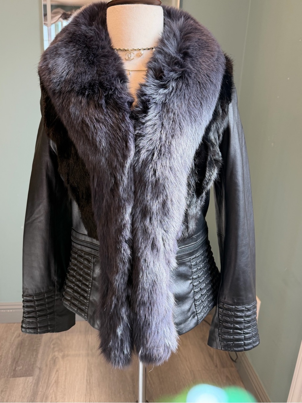 Vintage Black Lambskin Leather Jacket with Fox Fur Collar | Mink Panel Style